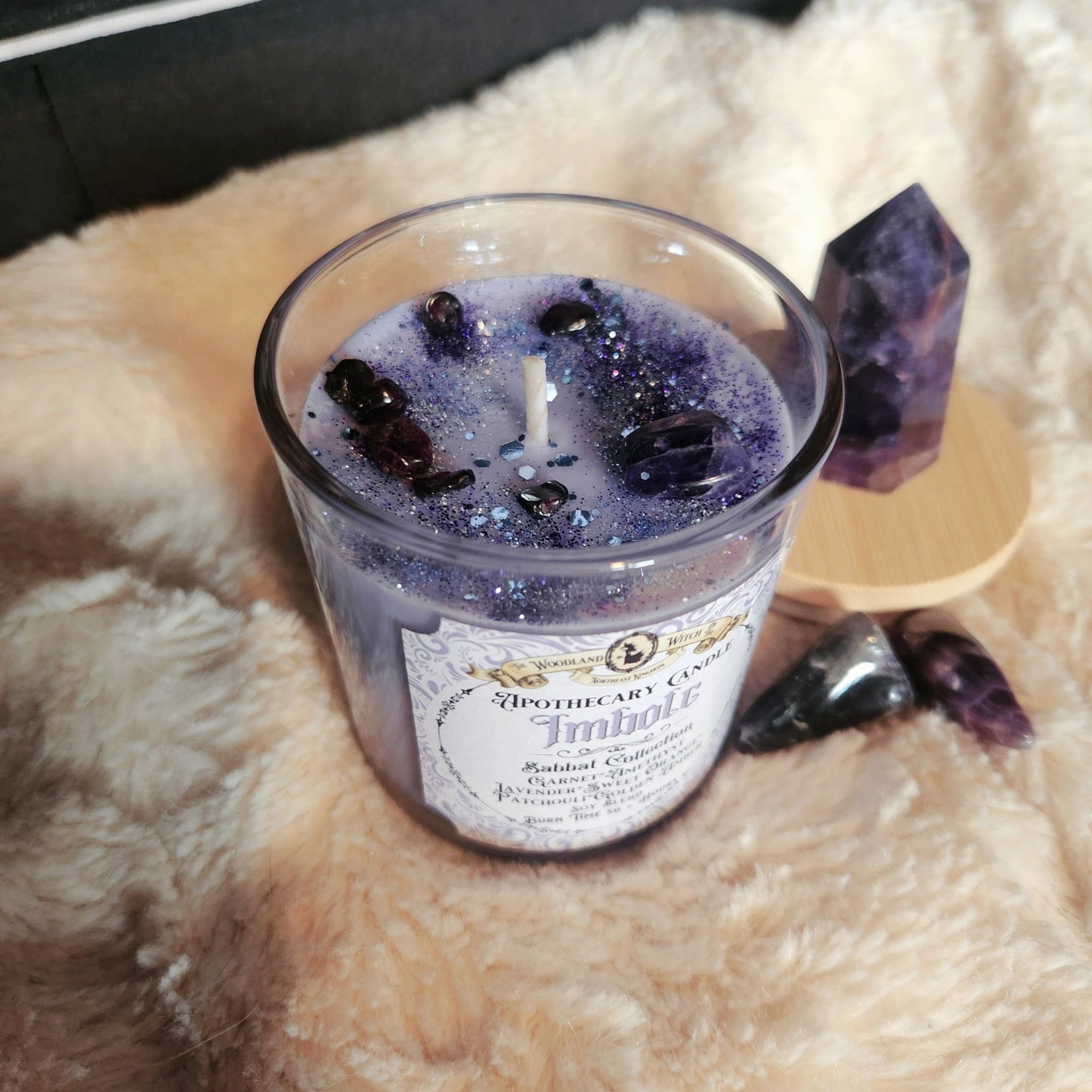 Imbolc Ritual Candle side view with amethyst tower