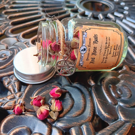 Red Rose Buds in Jar with Pentacle by Woodland Witchcraft