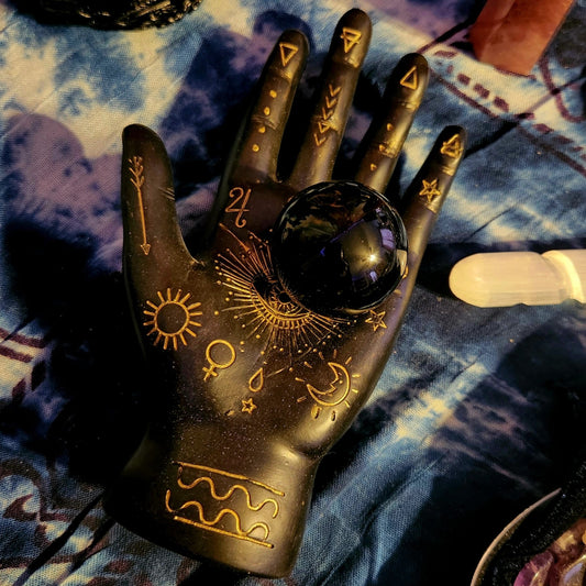 BLACK OBSIDIAN SPHERE  and Palmistry Hand Woodland Witchcraft