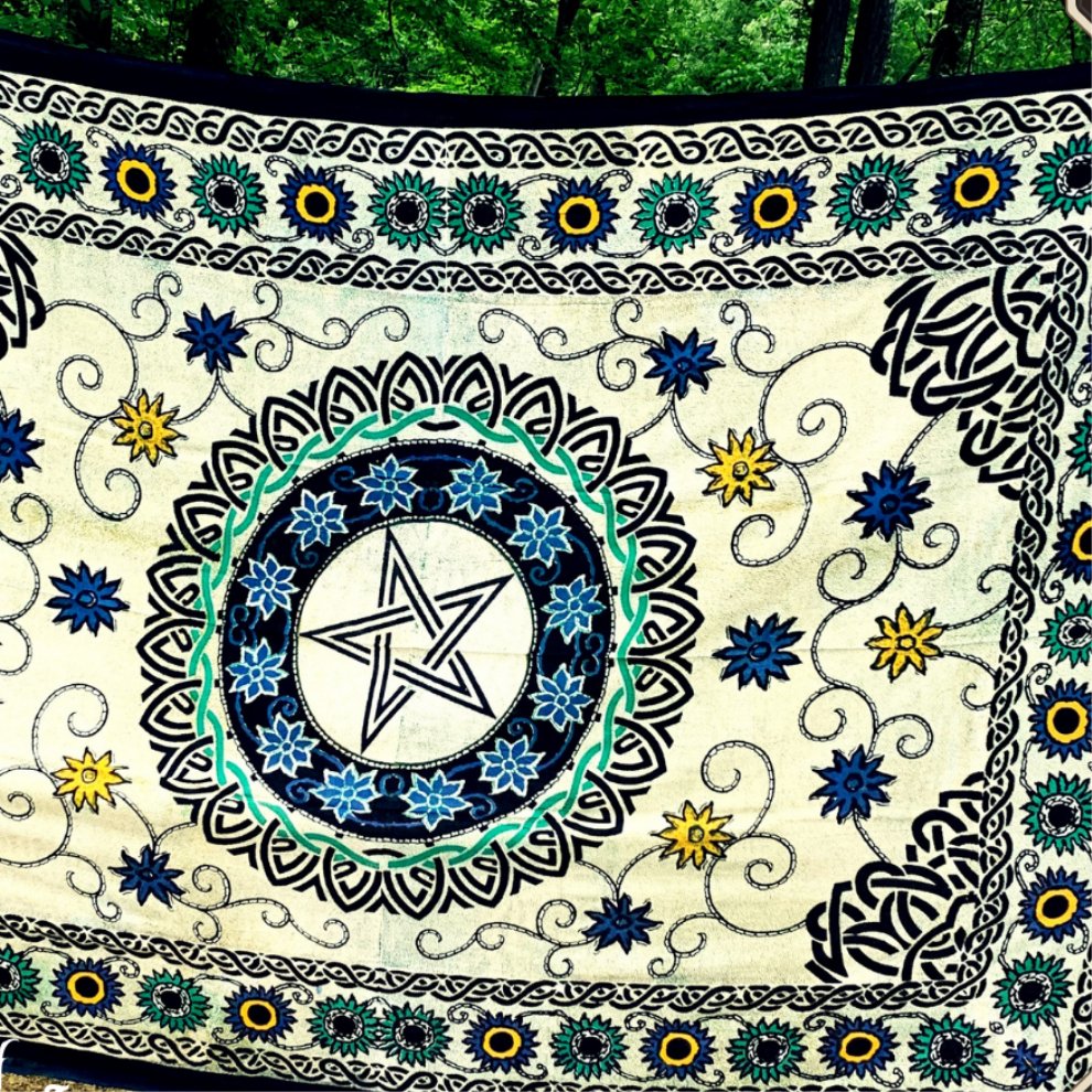 PENTACLE TAPESTRY Large White & Floral Throw Woodland Witchcraft